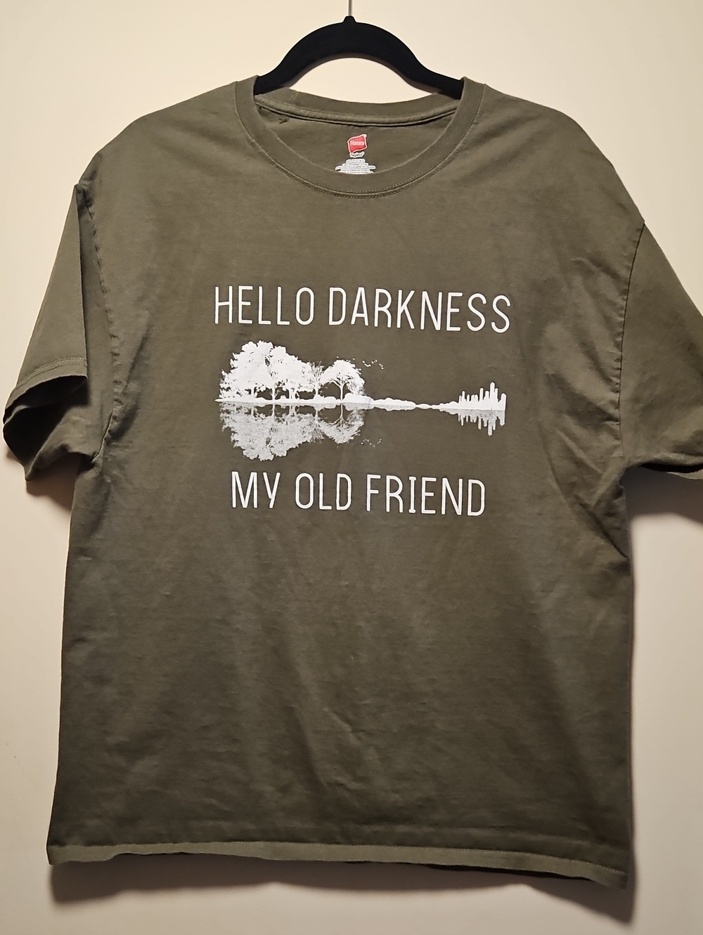Hanes Olive Graphic Tee with "Hello Darkness My Old Friend" Print